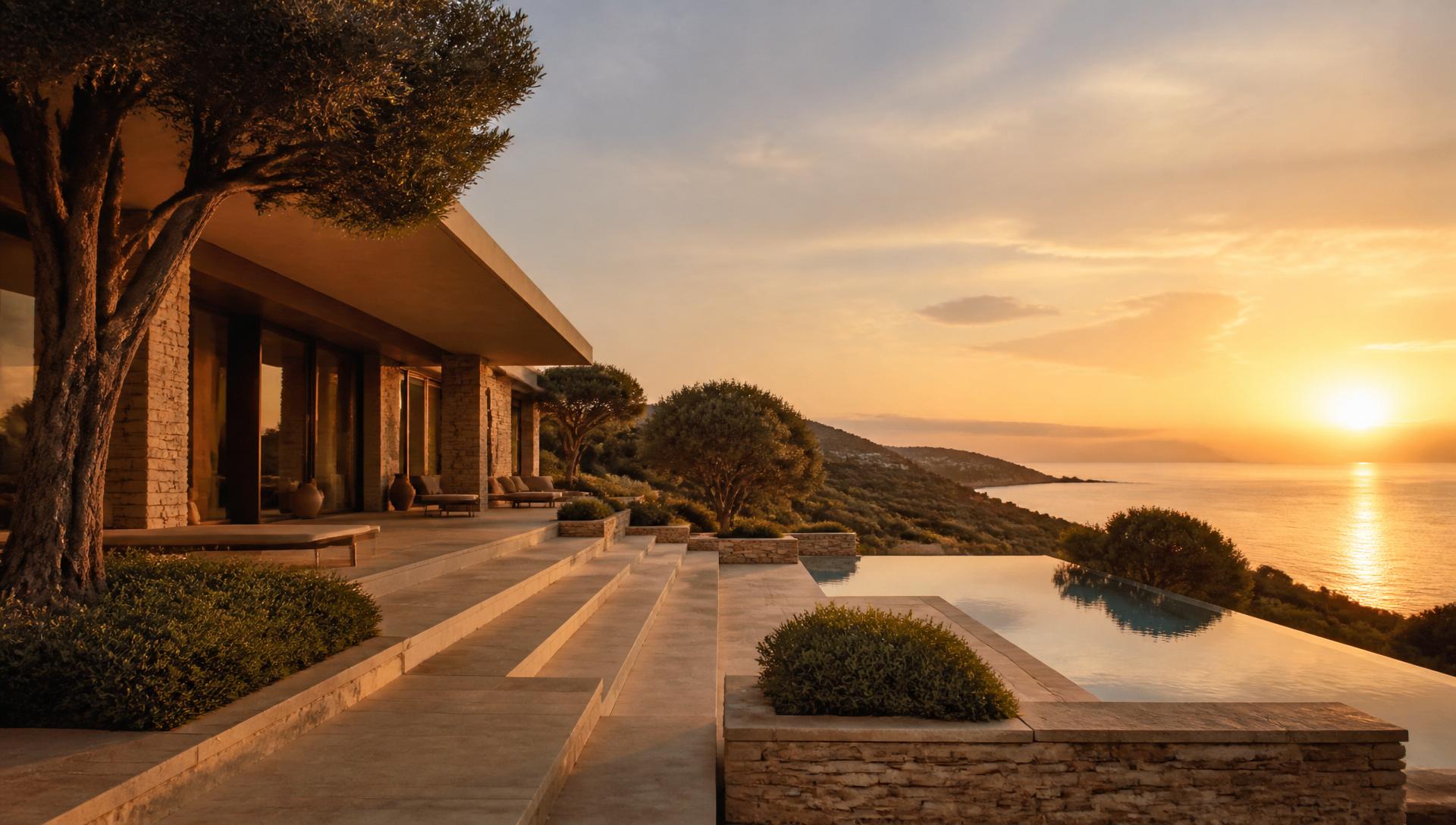 Zeitgenössische Luxusvilla auf Mallorca im warmen Abendlicht über dem ruhigen Meer