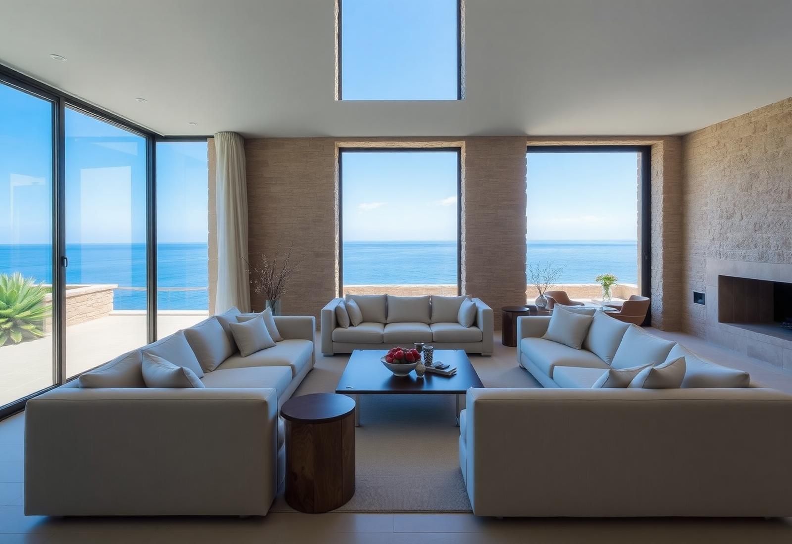 Luxuriöses Wohnzimmer einer Mallorca Villa mit Meerblick
